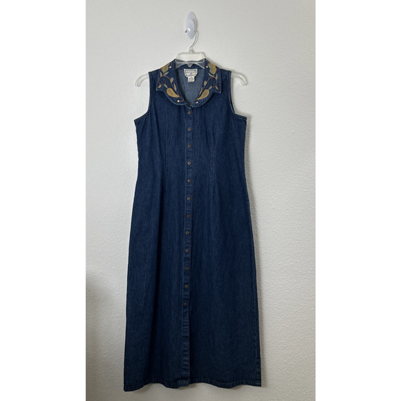 Vintage APRIL CORNELL Womens Dress M Denim Jeans Embroidered Maxi Cotton - Picture 1 of 9